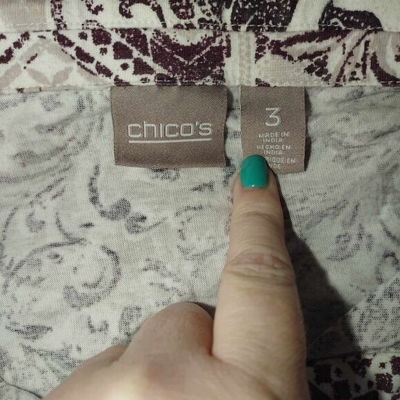 Chicos women's 3 White & Brown Short Sleeve Collared Abstract Summer T-Shirt - Picture 2 of 12